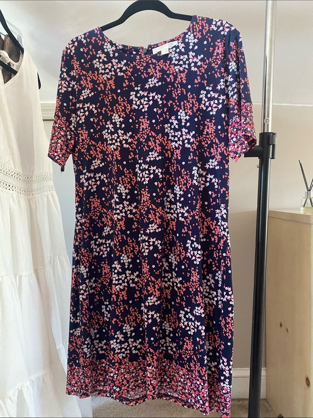 Michael Kors Navy Floral Shift Dress with Pink and White Accents